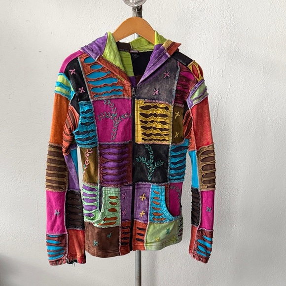 KPC Tops - KPC Patchwork Zip Boho Hippie Jacket Size Medium